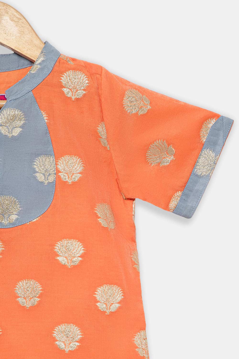 Chittythalli Girls Traditional Pavadai Set with Mandarin Collar Top and Double Layered Flared Skirt - Orange - PS70