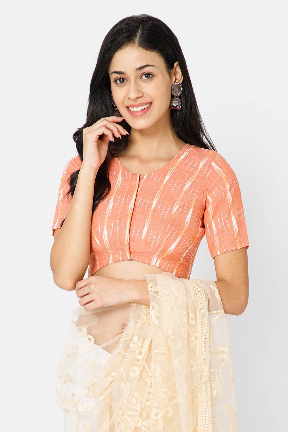 Naidu Hall Women’s Designer Cotton Ikat Blouse V-Neck Front Open with Elbow Sleeves - Peach - BU16