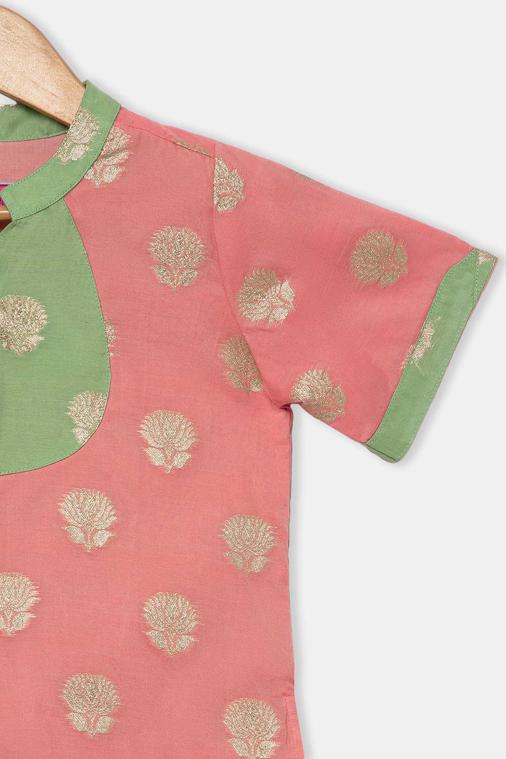Chittythalli Girls Traditional Pavadai Set with Mandarin Collar Top and Double Layered Flared Skirt - Peach - PS70