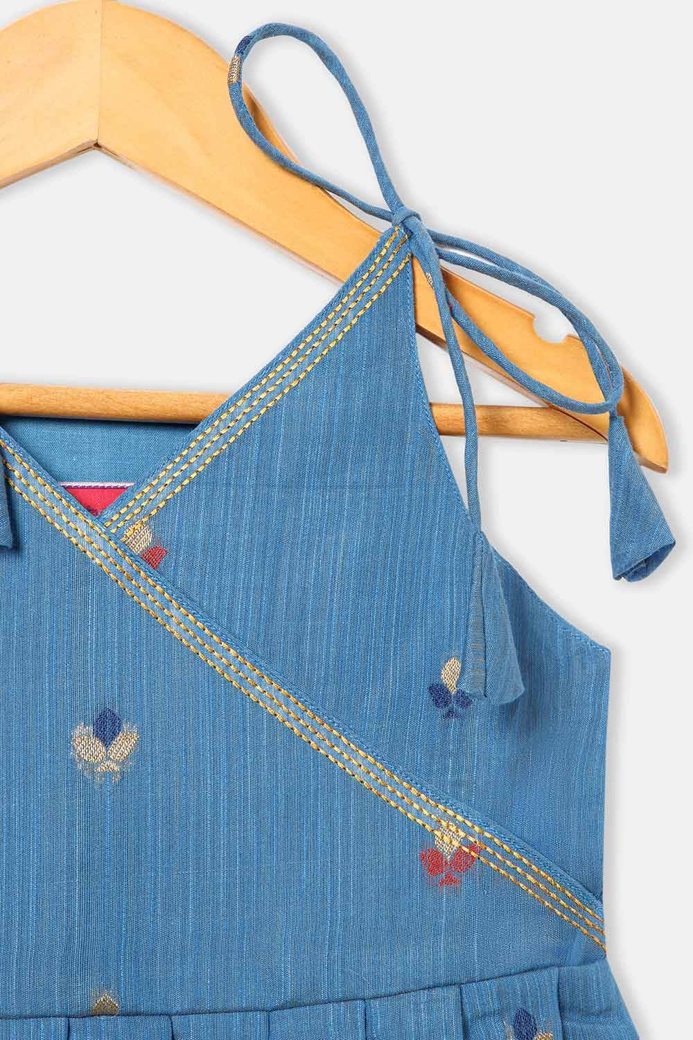 Chittythalli Girls’ Ethnic Frock – Angarkha Cut Top with Chain Stitch Embroidery & Knife Pleated Skirt - Blue - FR39 - Naidu Hall Family Store