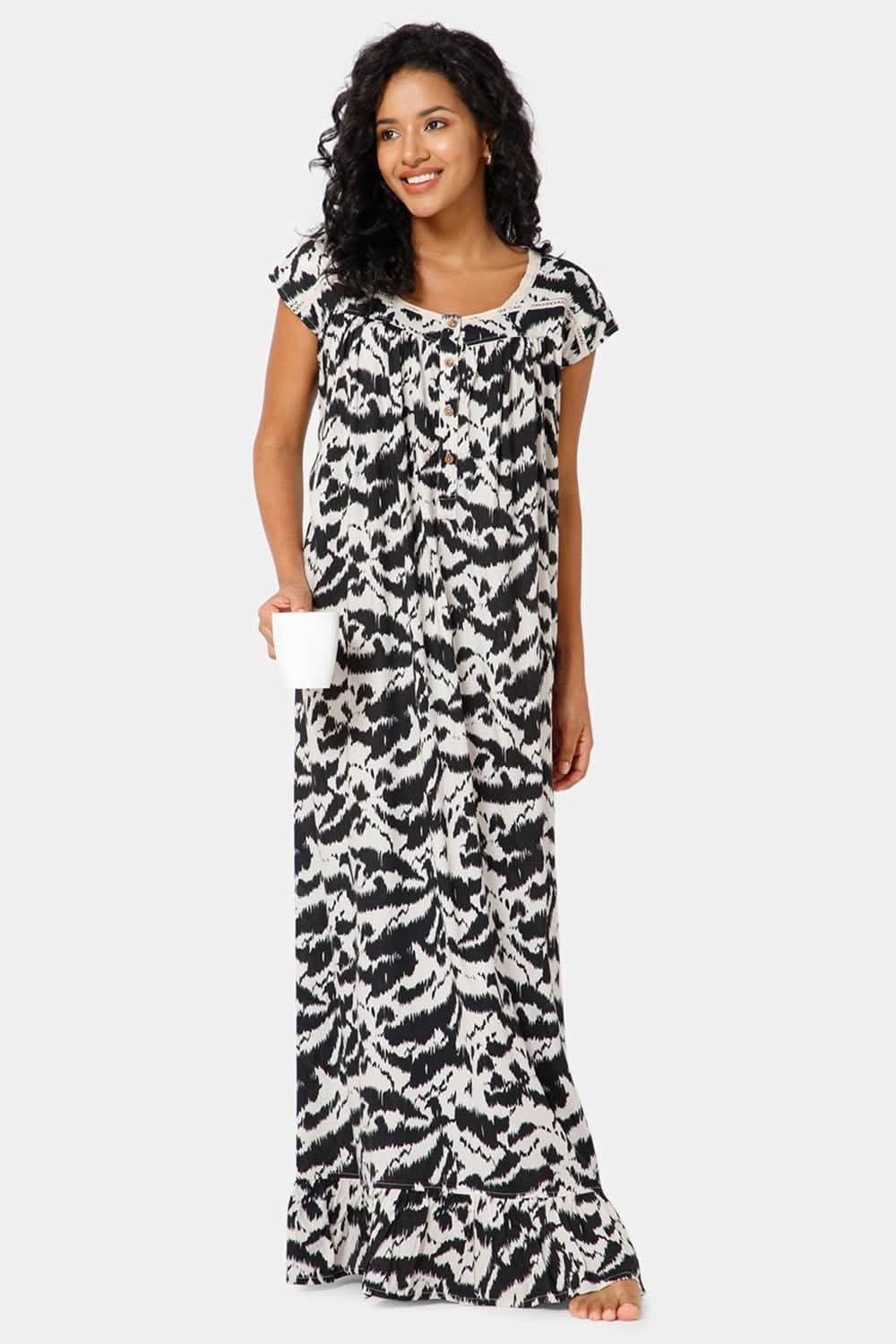 Naidu Hall Front Open Round Neck Mega Sleeve Printed Nighty-Black print-2 - NT39 - Naidu Hall Family Store