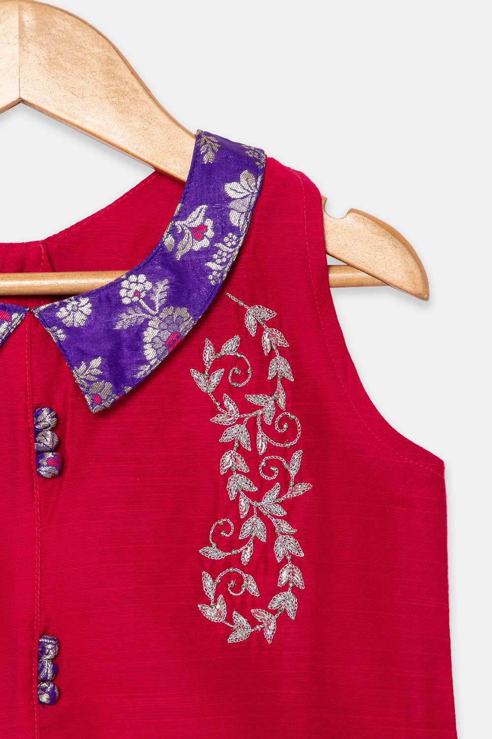 Chittythalli Girls Pavadai Set – Cotton Blouse with Brocade Collar & Zari Embroidery, Box Pleated Skirt - Pink - PS80