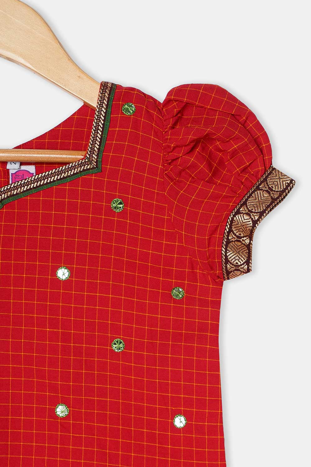 Chittythalli Girls Pavadai Set Cotton Ethnic Wear Mirror Work Puff Sleeve Top with Box Pleated Skirt- Red - PS88