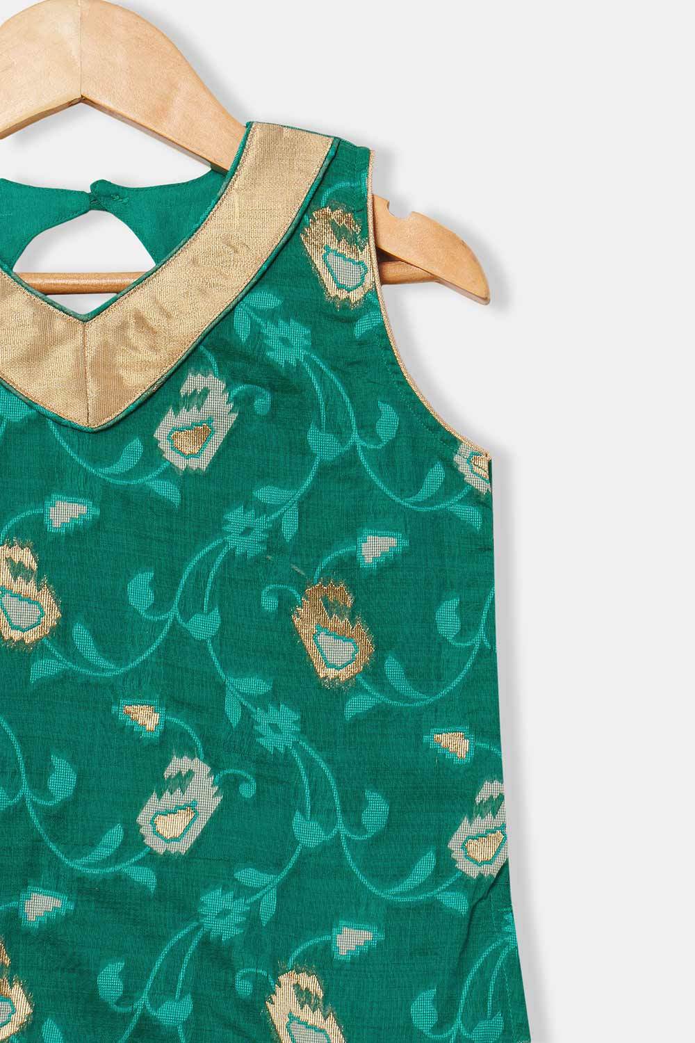 Chittythalli Girls’ Ethnic Pavadai Set – Sleeveless V-Neck Top with Flared Kali Skirt & Tassel Detailing - Teal Green - PS60 - Naidu Hall Family Store