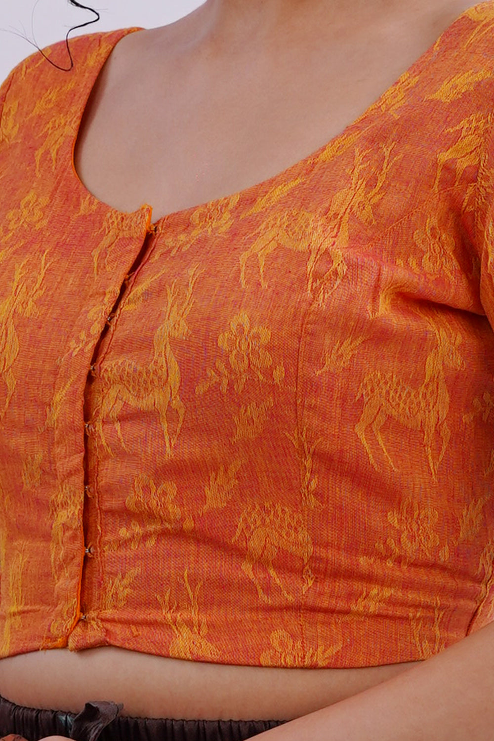 Naidu Hall Round Neck Short Sleeve Women's Handloom Cotton Saree Jacquard2 Front Open Blouse - Orange