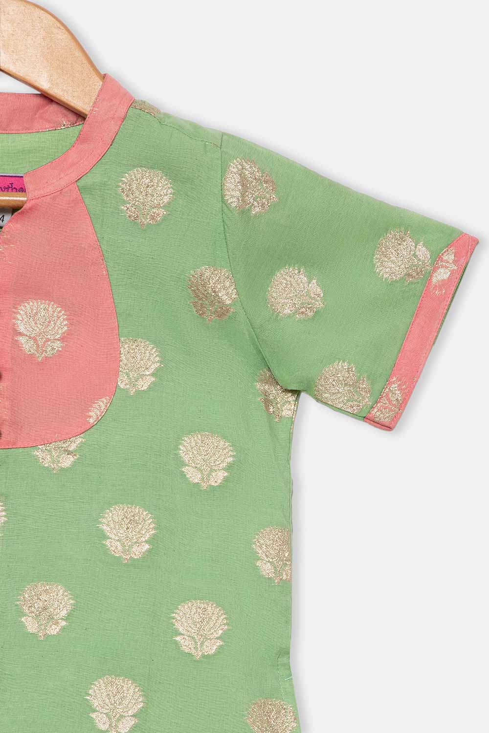 Chittythalli Girls Traditional Pavadai Set with Mandarin Collar Top and Double Layered Flared Skirt - Green - PS70