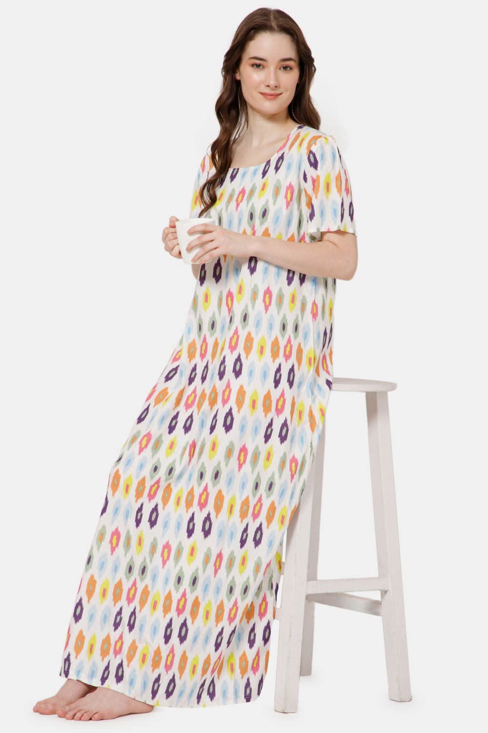 Naidu Hall Printed Nighty with Square Round Neck - White - NT36