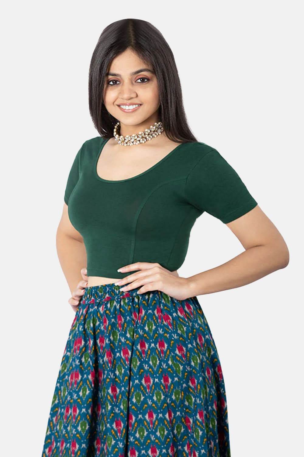 Naidu Hall Full Coverage Non-Padded Knitted Blouse with Round Neck Princess Cut Short Sleeve - Bottle Green - Naidu Hall Family Store