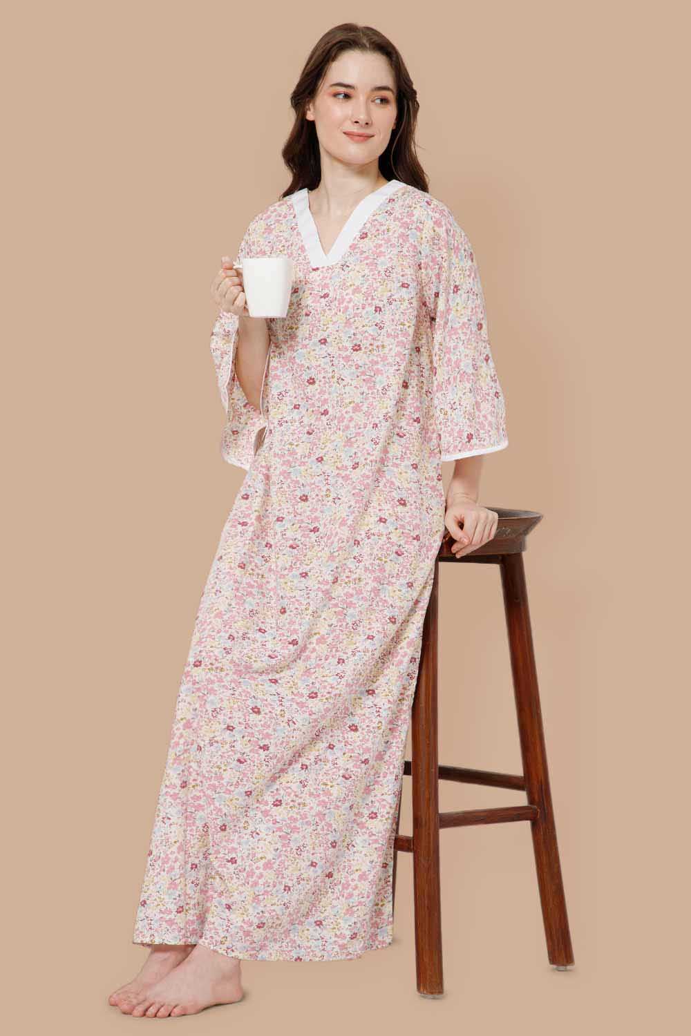 Naidu Hall V Neck Printed Nighty with Long Bell Sleeves - Pink - NT40