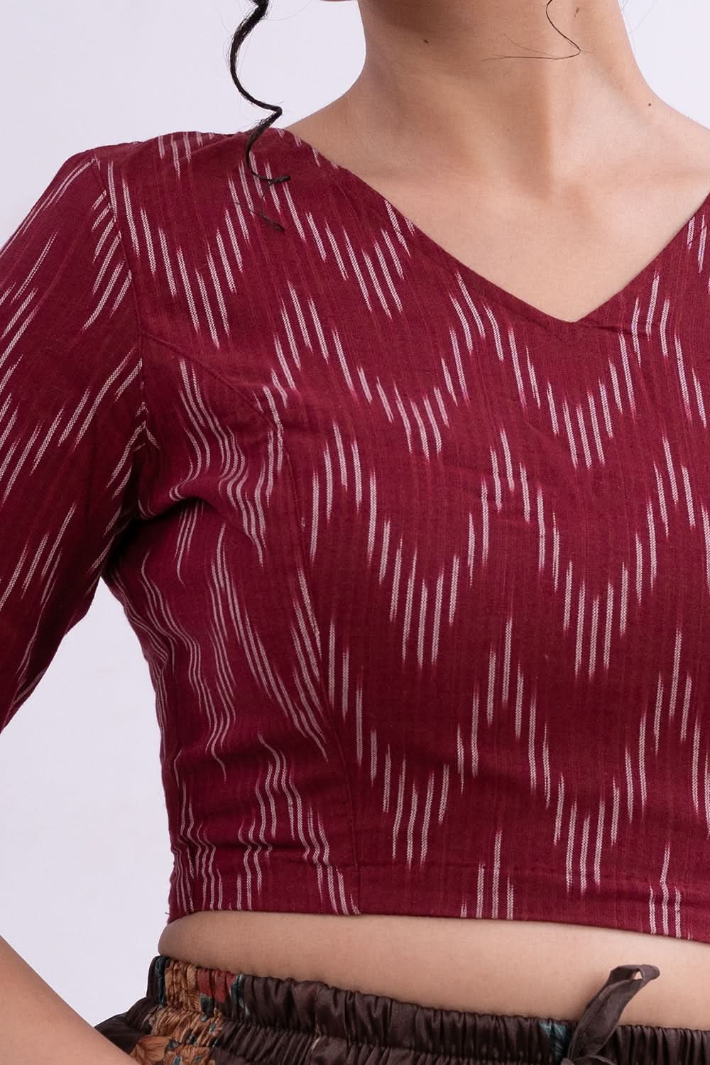 Naidu Hall V Neck Elbow Sleeve Women's Handloom Cotton Saree Ikat1 Back Open Blouse - Maroon