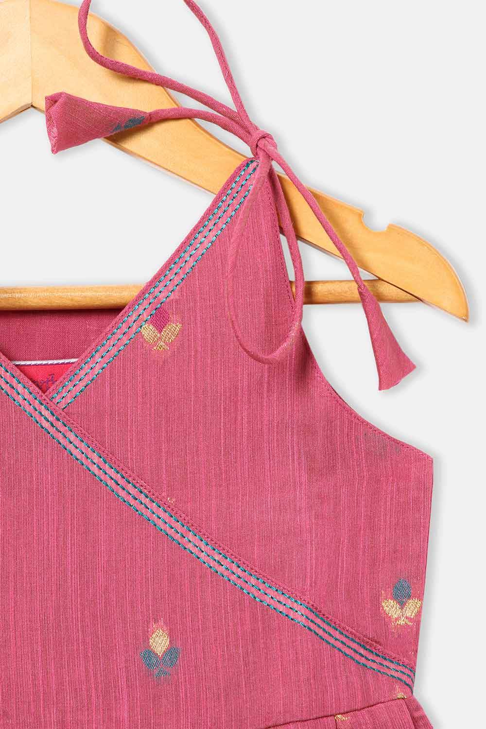 Chittythalli Girls’ Ethnic Frock – Angarkha Cut Top with Chain Stitch Embroidery & Knife Pleated Skirt - Pink - FR39 - Naidu Hall Family Store