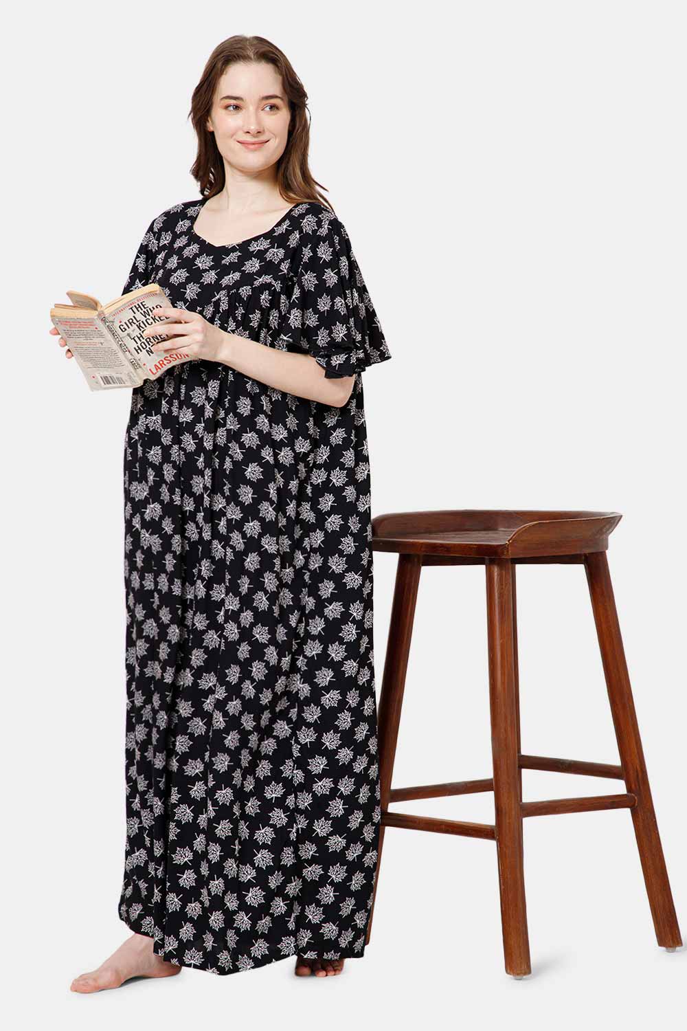 Naidu Hall All Over Printed Nighty with Butterfly Sleeves Diamond Neck - Black print-3 - NT37