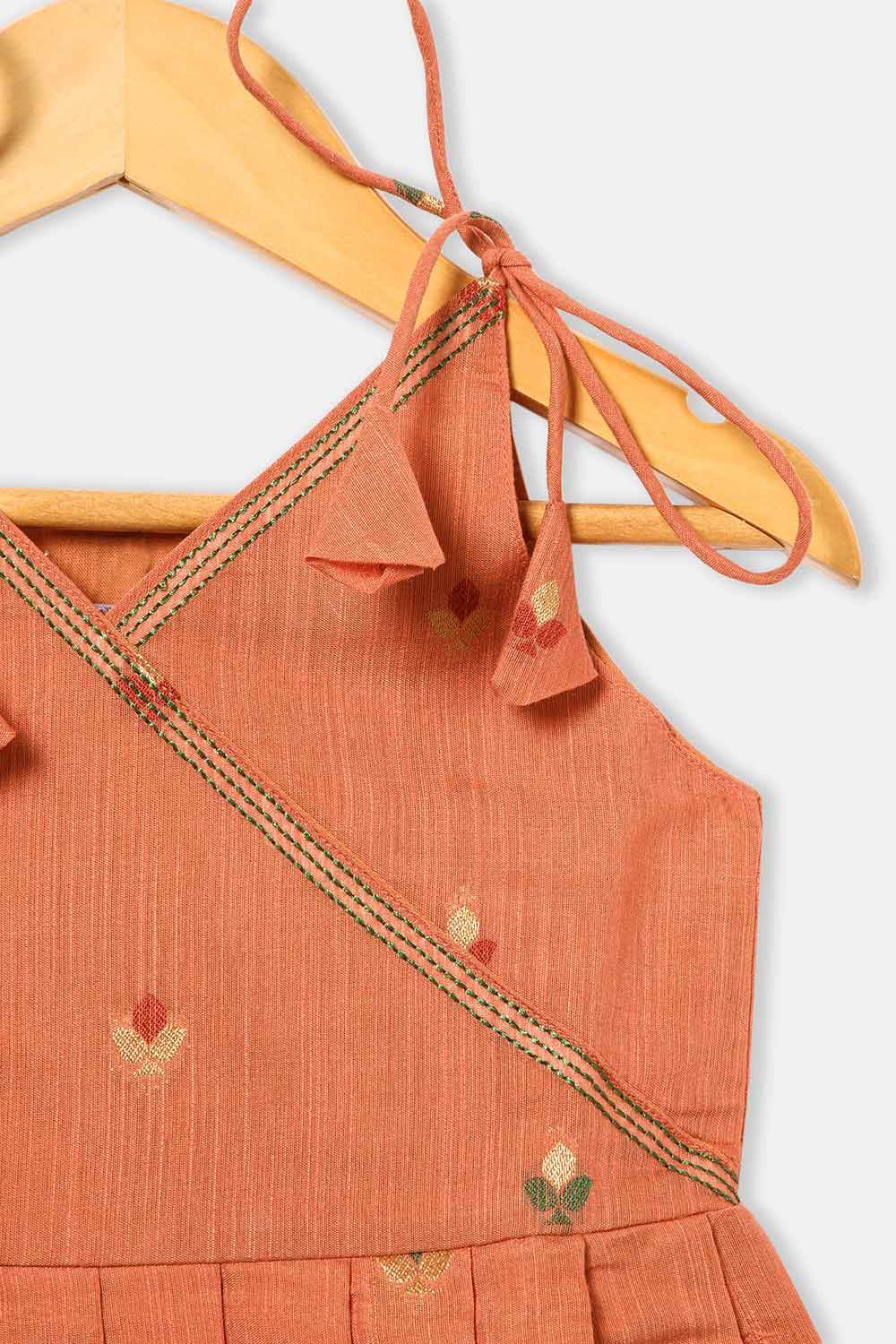 Chittythalli Girls’ Ethnic Frock – Angarkha Cut Top with Chain Stitch Embroidery & Knife Pleated Skirt - Orange - FR39 - Naidu Hall Family Store
