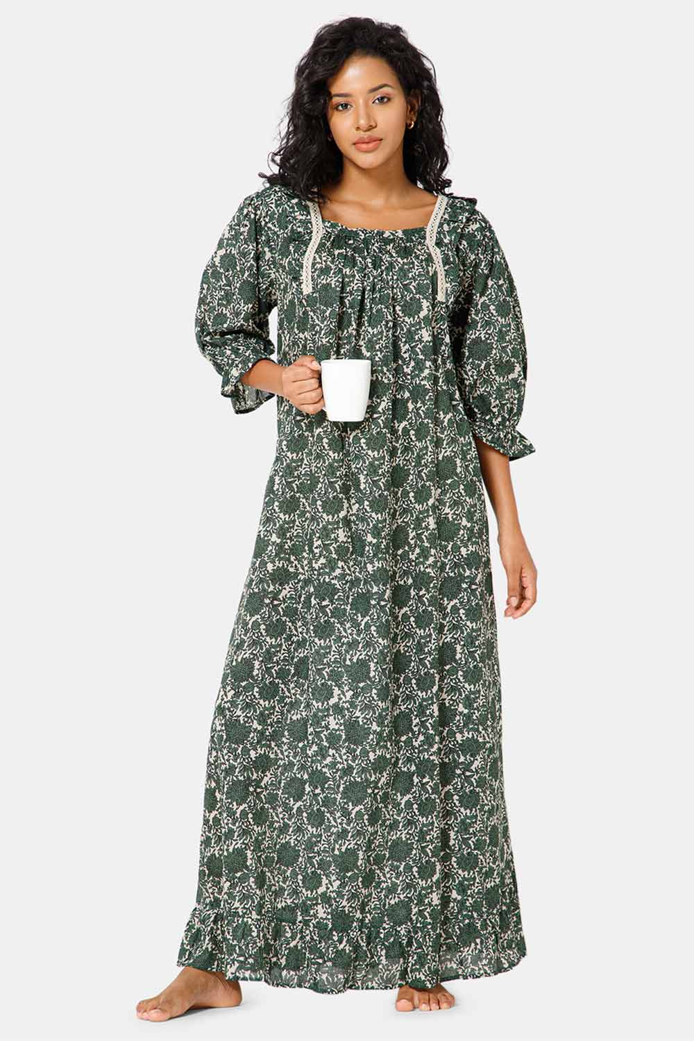 Naidu Hall Square Neck Half Poet Sleeve Printed Nighty-Dark green - NT41