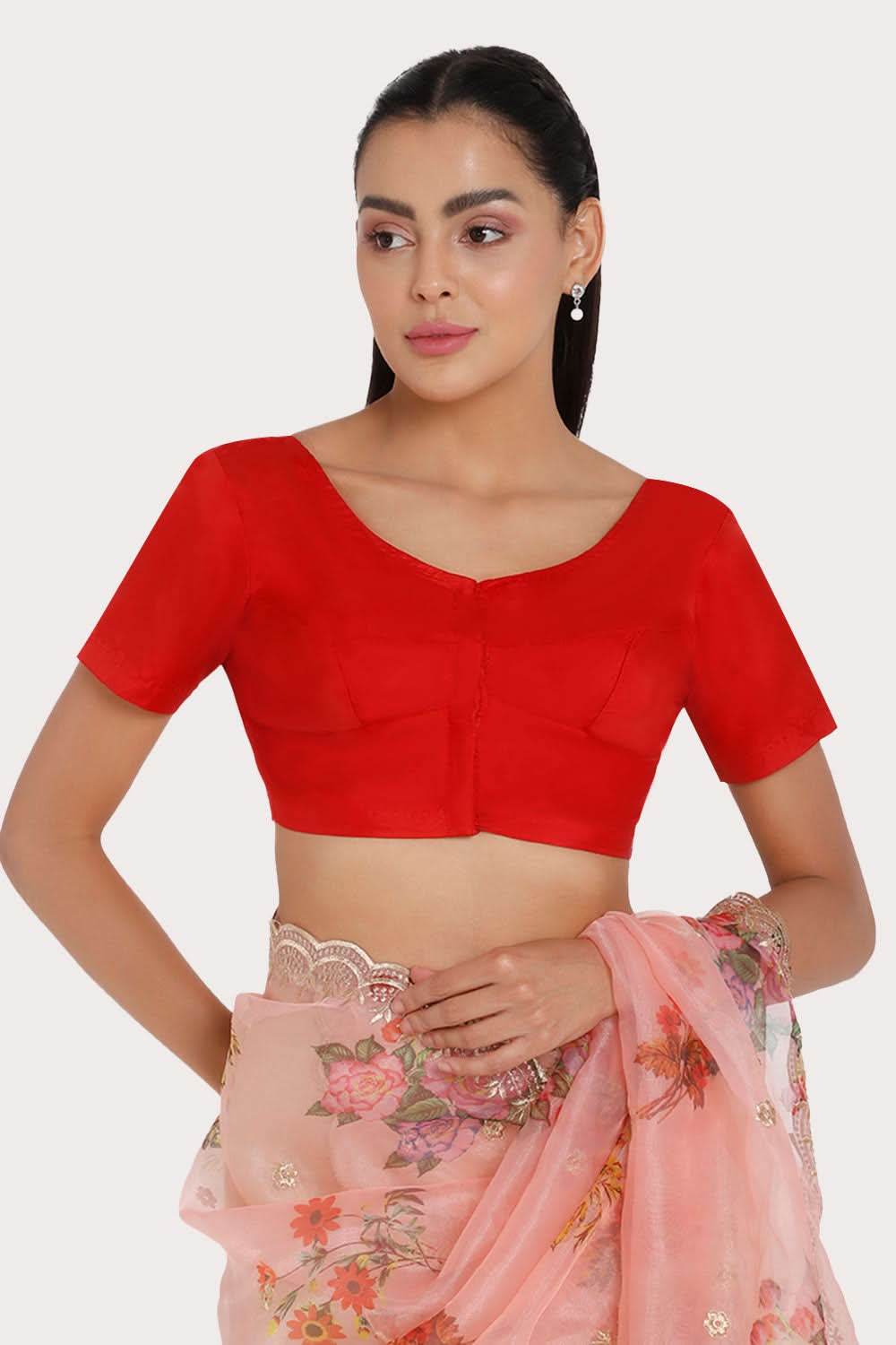 Naidu Hall Round neck Silk Cotton short sleeve blouse - Red - Naidu Hall Family Store
