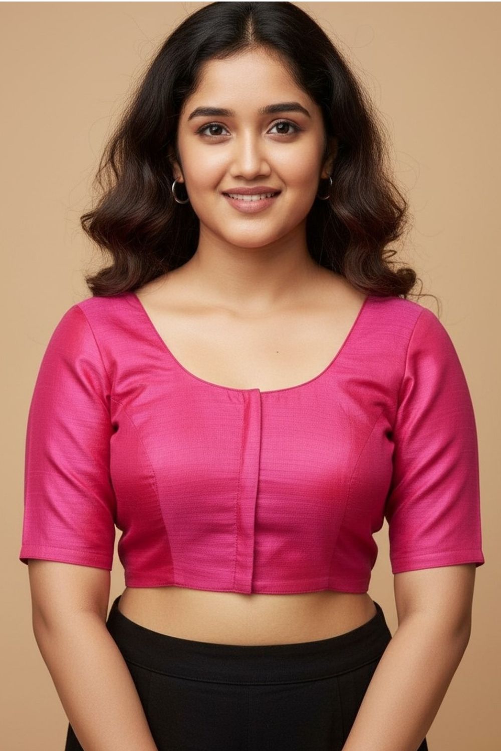 Women's Blouse Silk Blend Padded Front Open Round Neck Princess Cut Elbow Sleeve Solid Saree Blouse with Round Back - Light Magenta - 4050