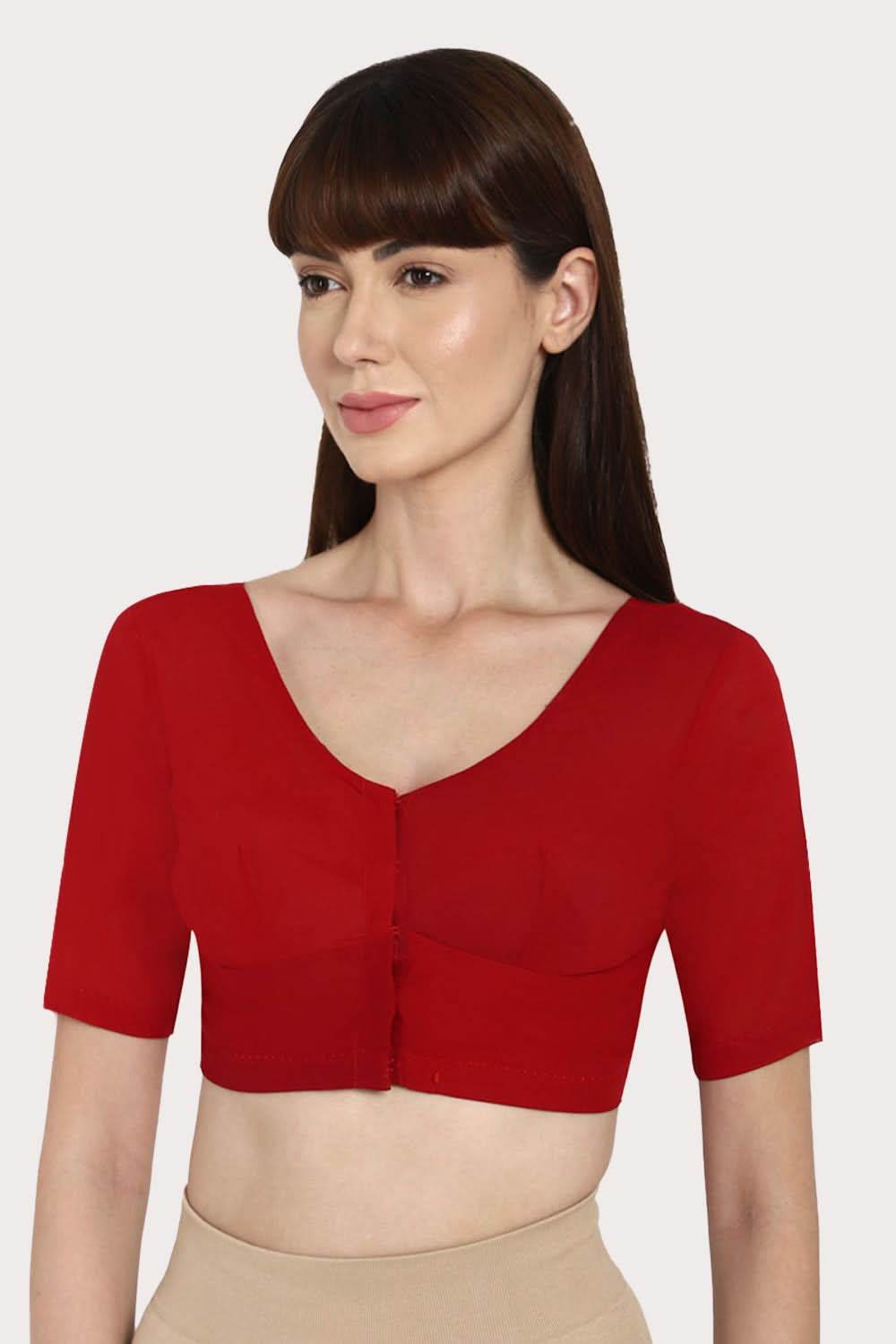 Naidu Hall Full Coverage Non-Wired Non-Padded Round Neck Long Sleeve Cotton Blouse - Dark Red - Naidu Hall Family Store