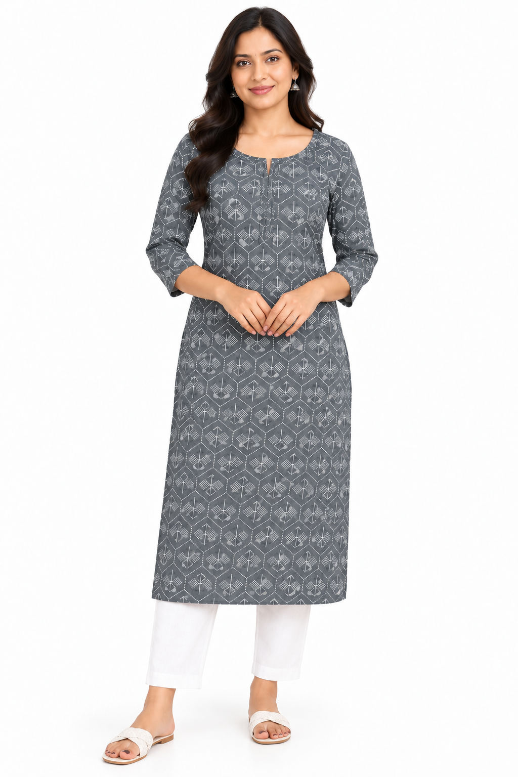 Women's Prints Cotton Blend Kurti with Round Neck, 3/4 Sleeve and Regular Fit - Below Knee | Casual Ethnic Wear Kurti for Daily Wear & Casual Outings - 3471