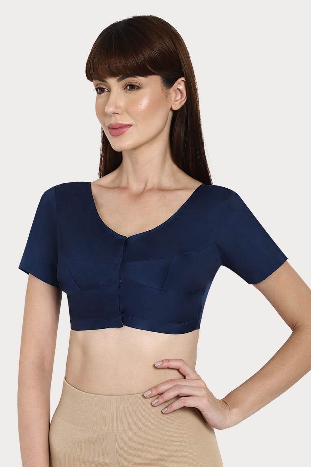 Naidu Hall Round neck Silk Cotton short sleeve blouse - Navy blue - Naidu Hall Family Store