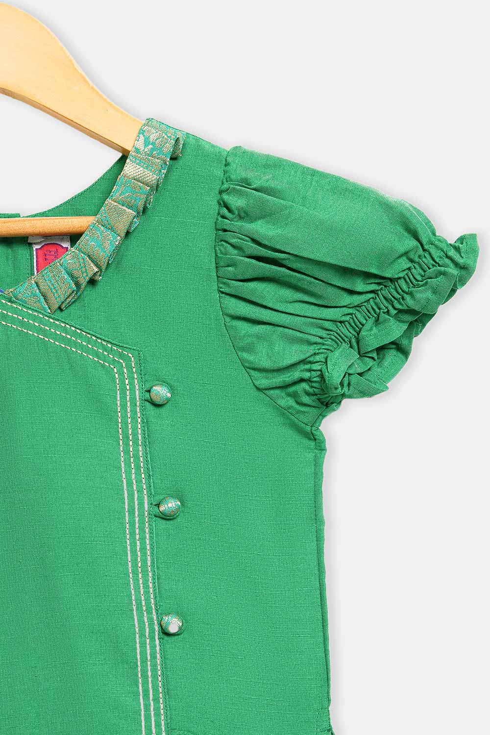 Chittythalli Girls’ Asymmetric Neck Pavadai Set – Brocade Skirt & Cotton Top - Pista Green - PS50
