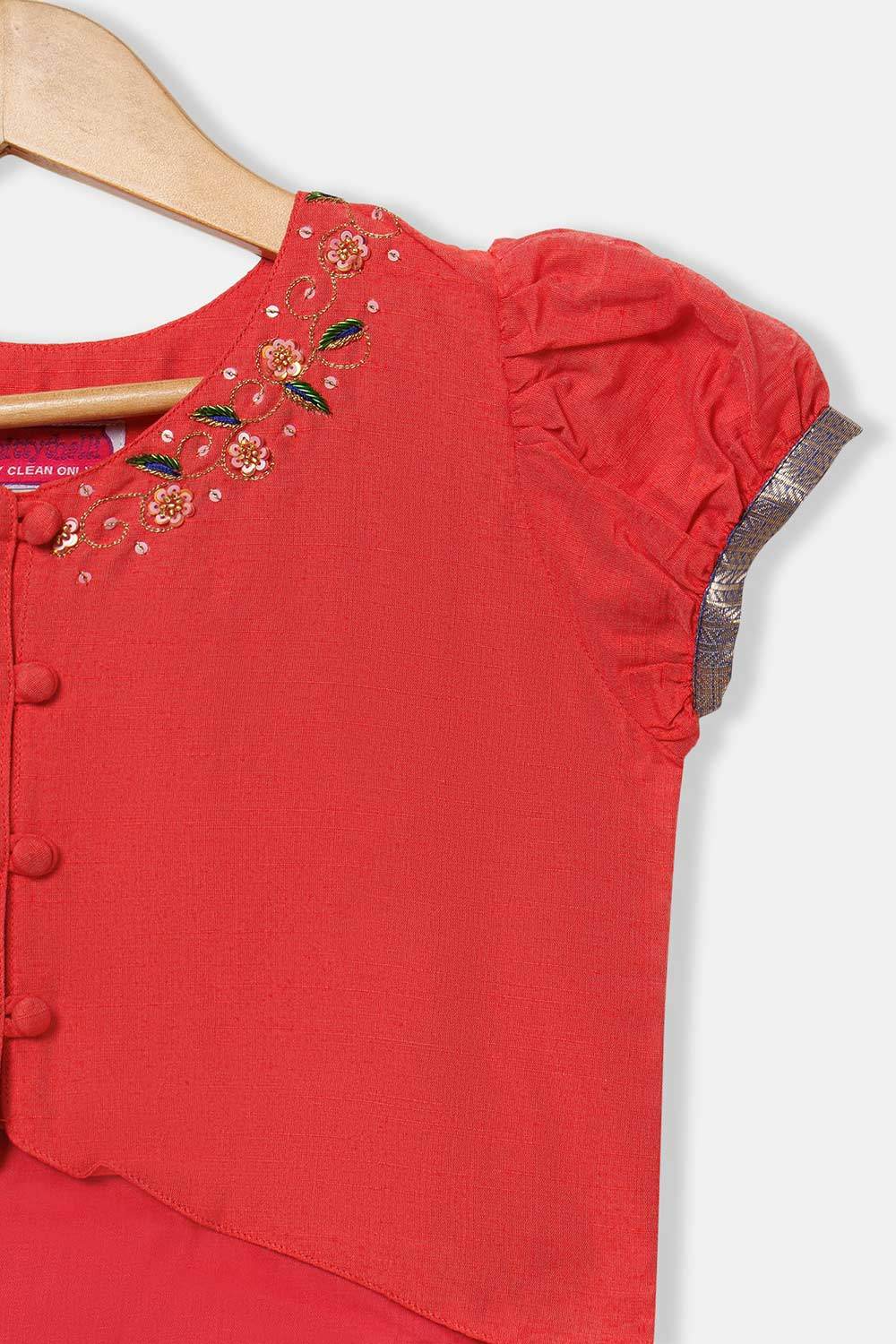 Chittythalli Girls’ Pavadai Set – V-Neck Embroidered Top with Puff Sleeves & Box-Pleated Brocade Skirt - Red - PS38 - Naidu Hall Family Store