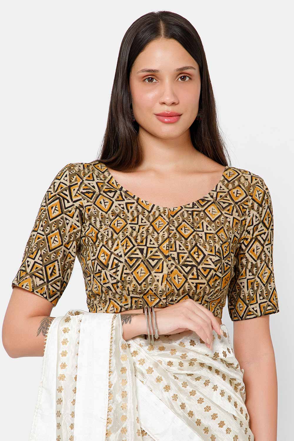 Naidu Hall Women’s Blouse Cotton Kalamkari Padded Front Open U Neck Princess Cut Elbow Sleeve Saree Blouse - Green - BU17
