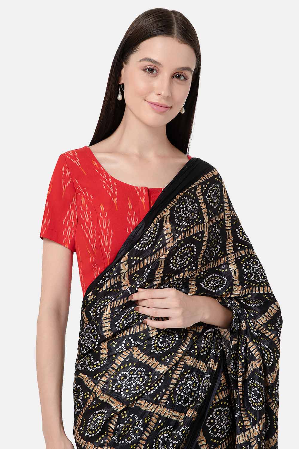 Naiduhall Princess Cut Round Neck Short Sleeve Ikat Blouse - Red - BU10