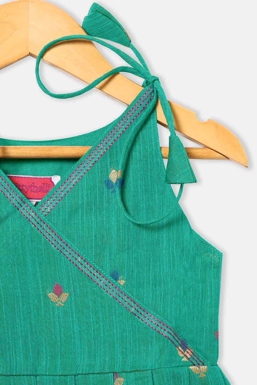 Chittythalli Girls’ Ethnic Frock – Angarkha Cut Top with Chain Stitch Embroidery & Knife Pleated Skirt - Green - FR39 - Naidu Hall Family Store