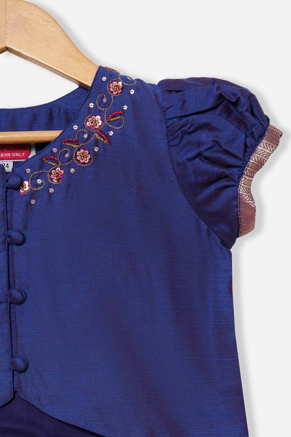 Chittythalli Girls’ Pavadai Set – V-Neck Embroidered Top with Puff Sleeves & Box-Pleated Brocade Skirt - Purple - PS38 - Naidu Hall Family Store