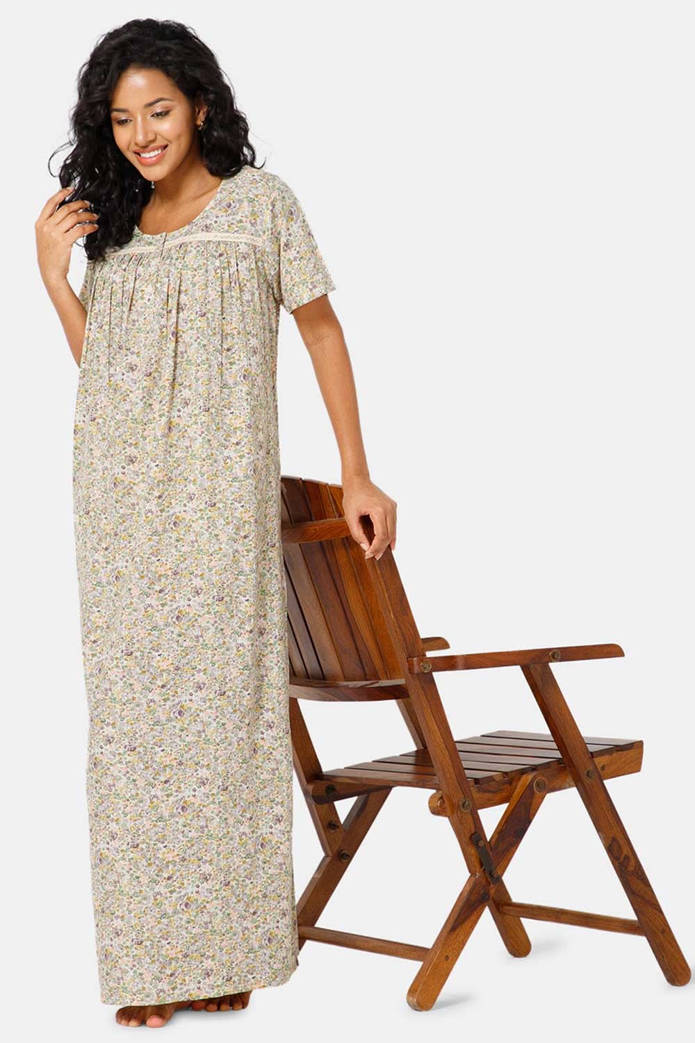Naidu Hall Front Open Round Neck Short Sleeve Printed Nighty-Grey - NT11
