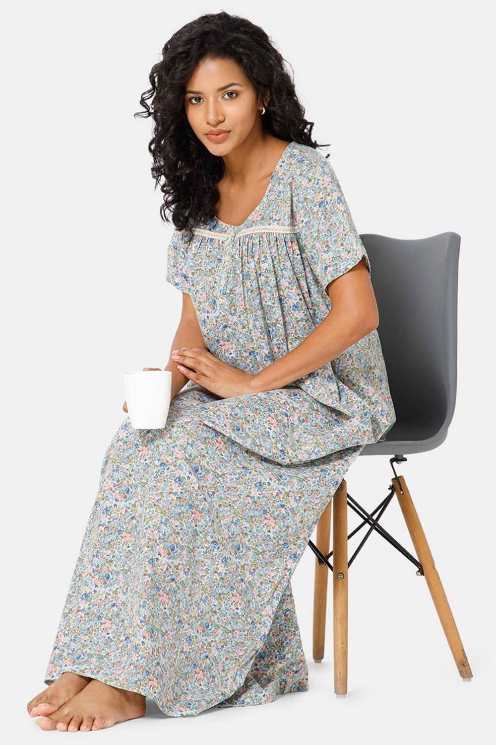 Naidu Hall Front Open Round Neck Short Sleeve Printed Nighty-Sky Blue - NT11