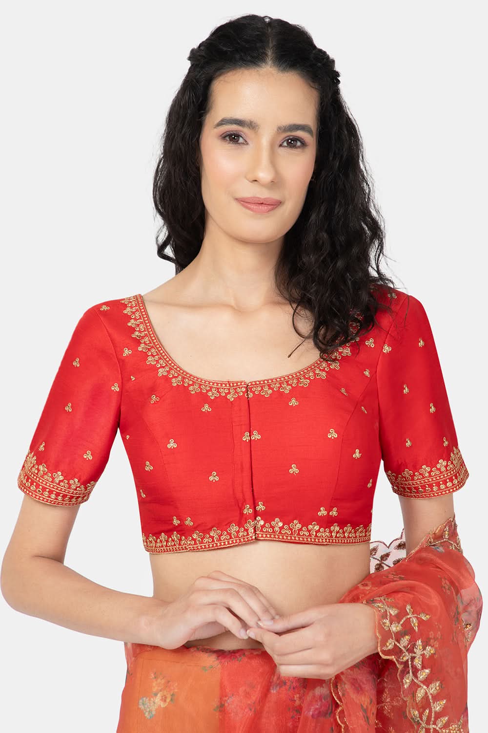 Naidu Hall Ethnic Saree Blouse with U-Neck Elbow Sleeves - Red
