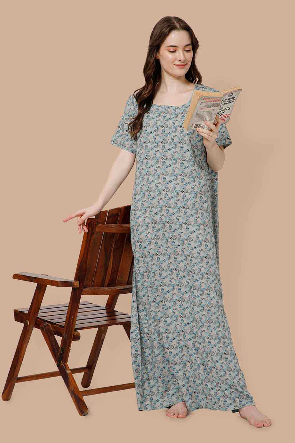 Naidu Hall Printed Nighty with Square Round Neck - Grey - NT36