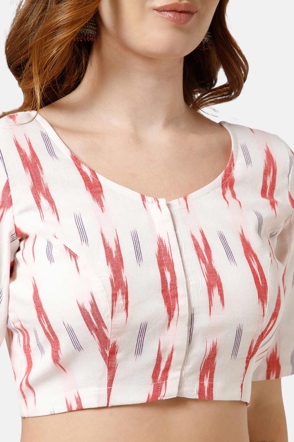 Naidu Hall Women’s Cotton Blouse | Woven U-Neck Ethnic Blouse with Elbow Sleeves & Front Closure - White Red - BU17