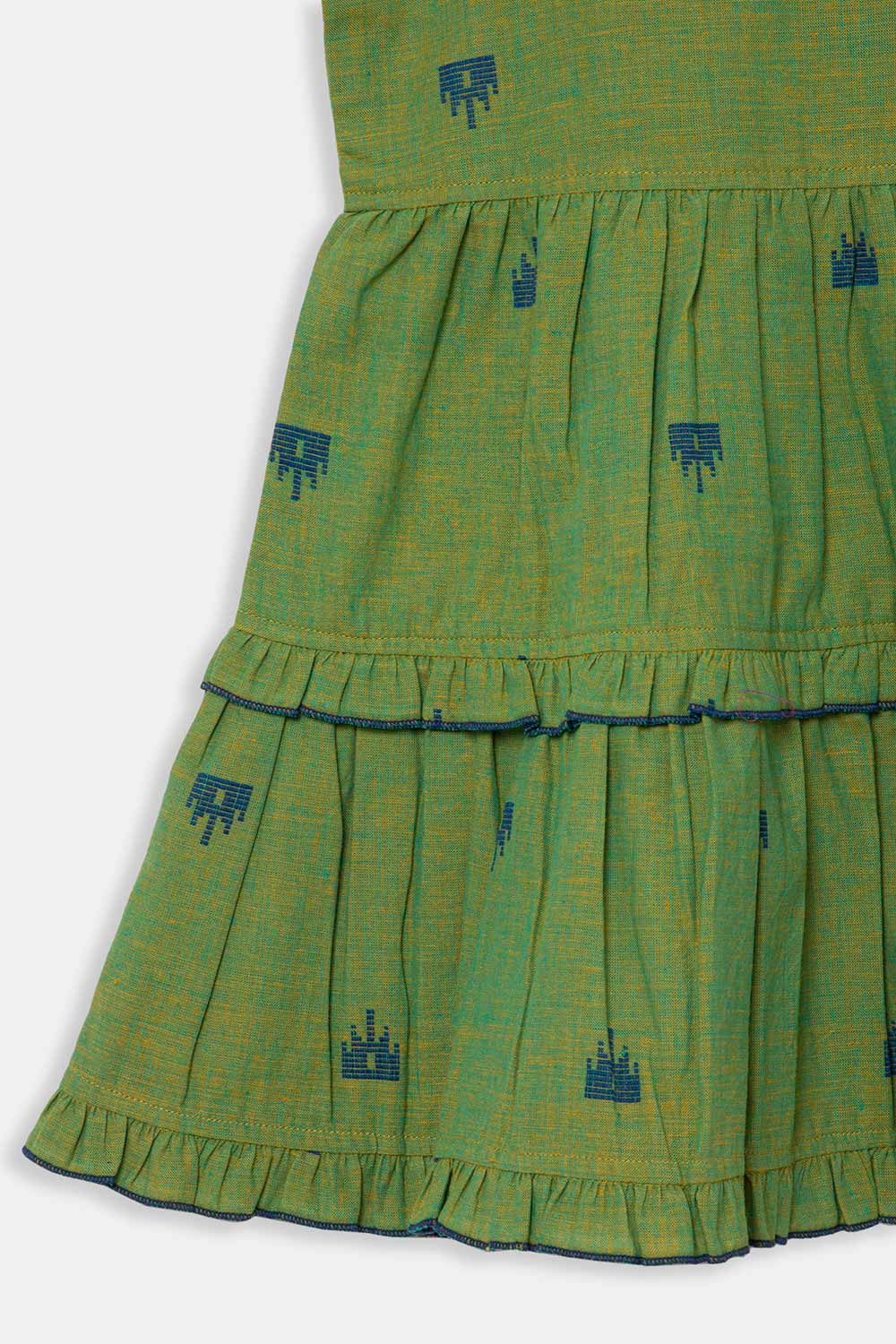 Chittythalli Girls Ethnic Layered Frock with Ruffles & Tassels – Handloom Butta Dress - Green - FR24