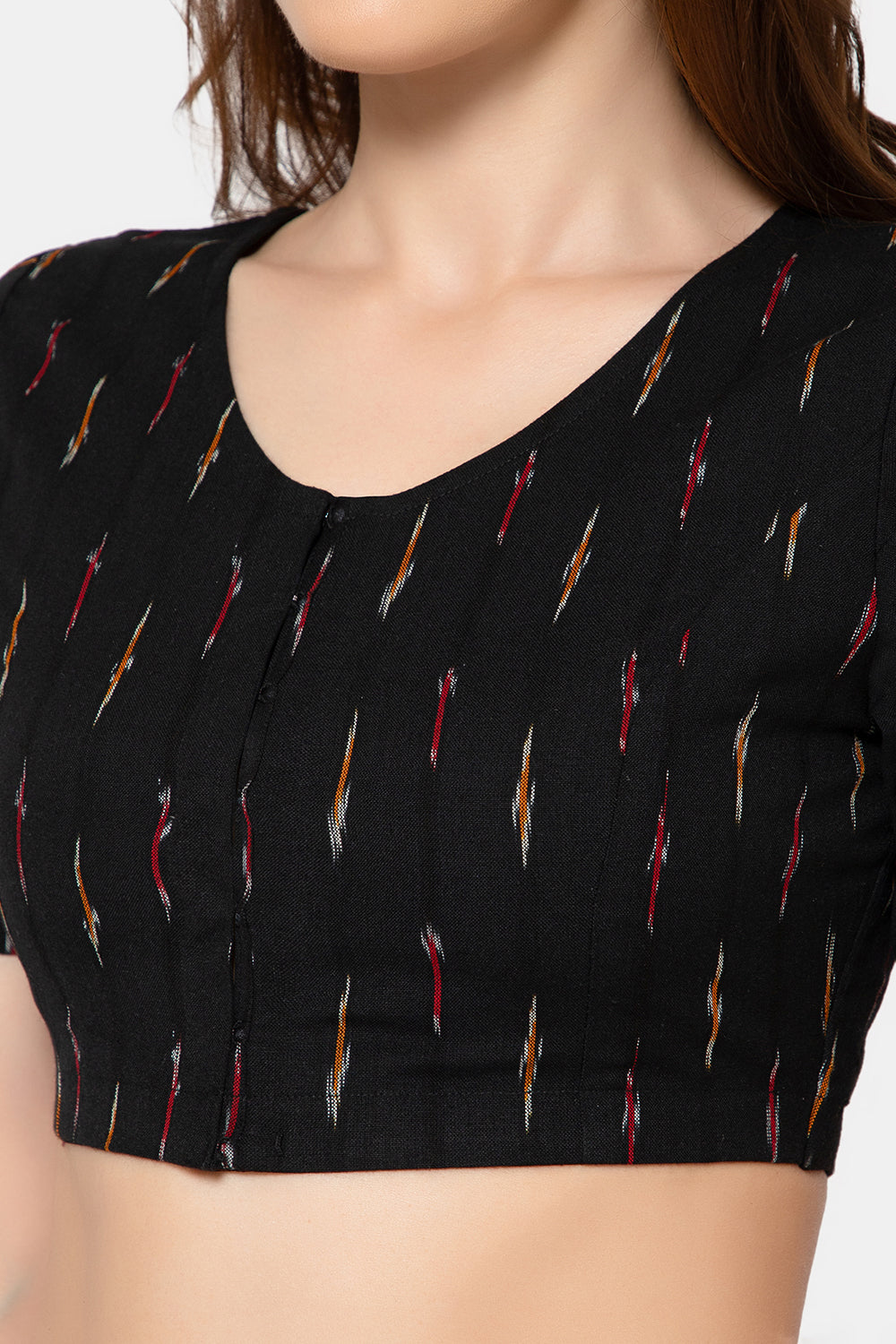Naidu Hall Women’s Designer Cotton Ikat Blouse V-Neck Front Open with Elbow Sleeves - Black - BU16