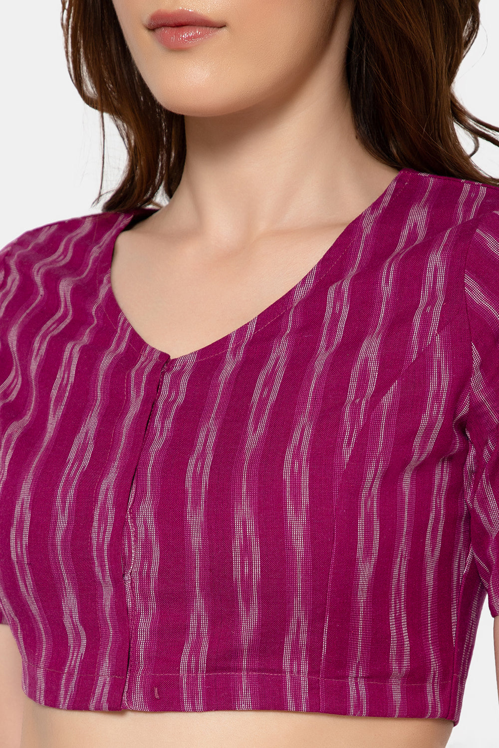 Naidu Hall Women’s Designer Cotton Ikat Blouse V-Neck Front Open with Elbow Sleeves - Purple - BU16