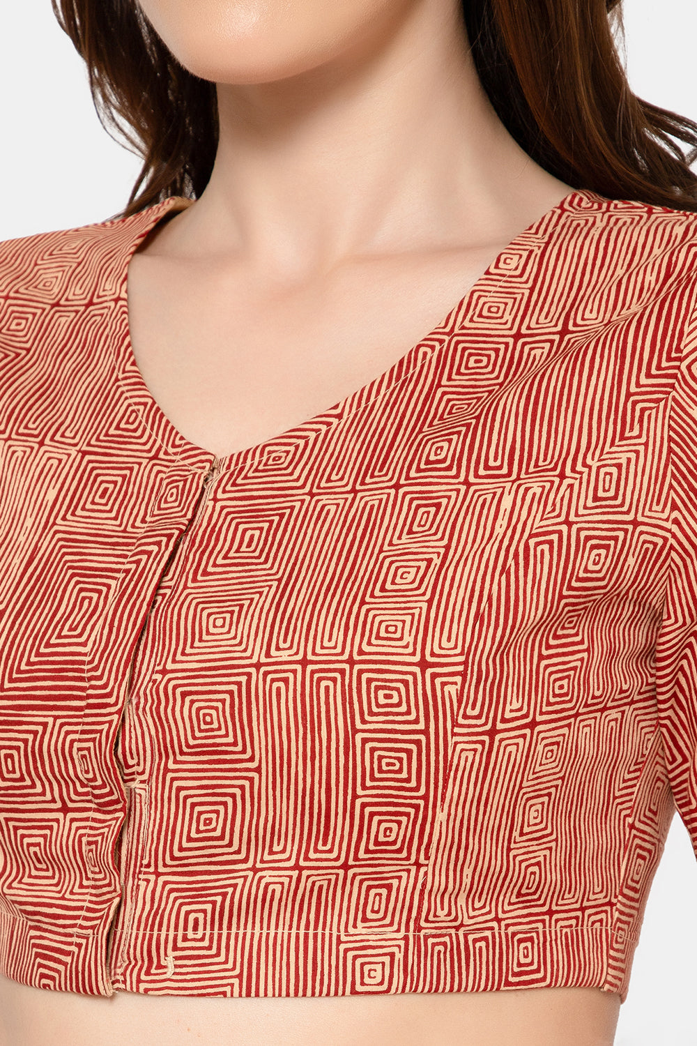 Naidu Hall Women’s Designer Cotton Ikat Blouse V-Neck Front Open with Elbow Sleeves - Red - BU16