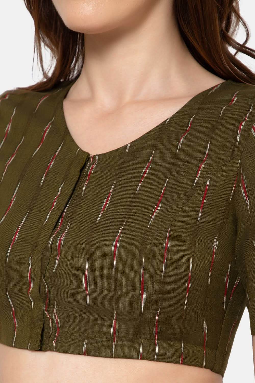 Naidu Hall Designer Cotton Ikat Blouse for Women with V-Neck, Front Open, and Soft Lining - Olive - BU15 - Naidu Hall Family Store