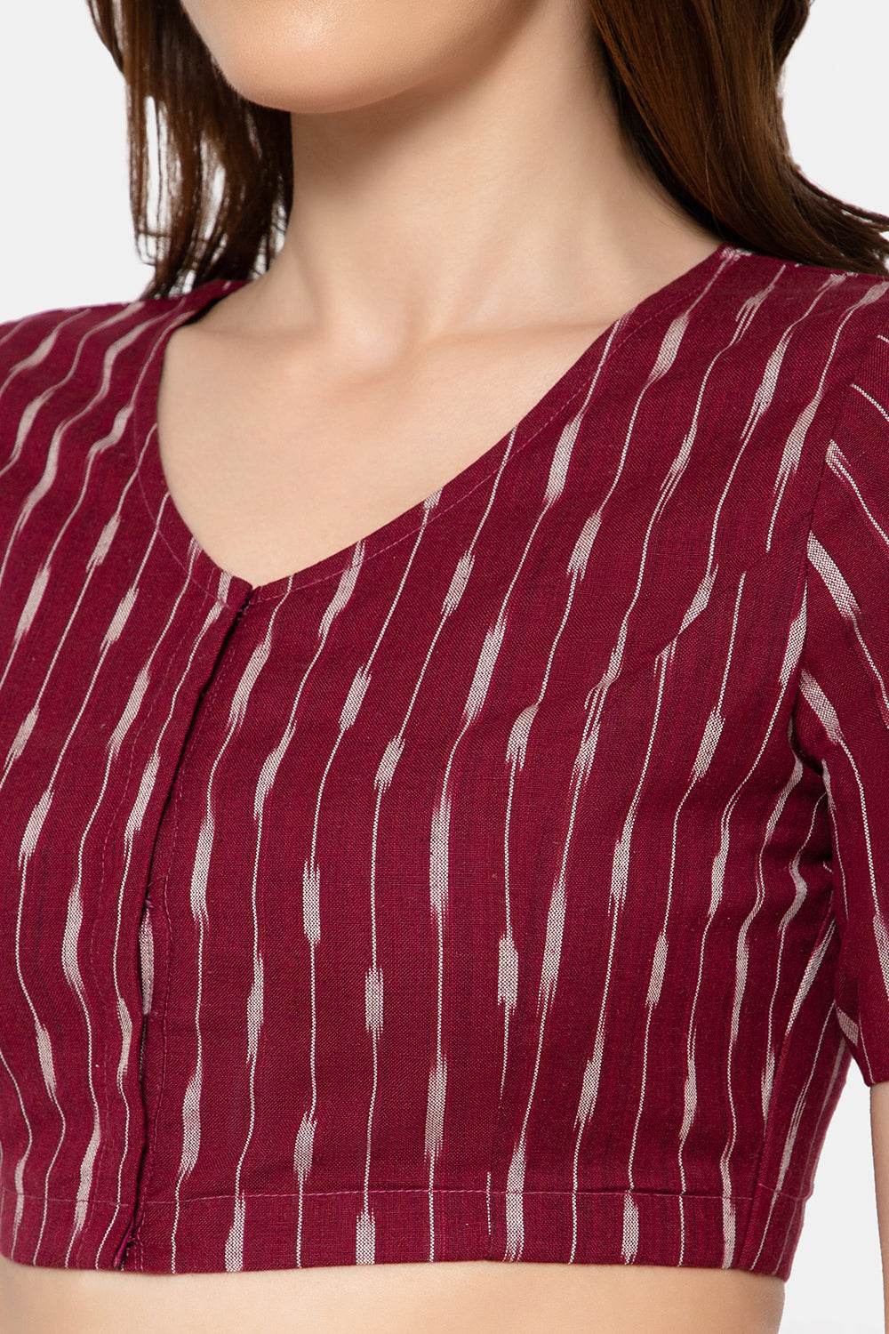Naidu Hall Women’s Designer Cotton Ikat Blouse V-Neck Front Open with Elbow Sleeves - Maroon - BU16 - Naidu Hall Family Store