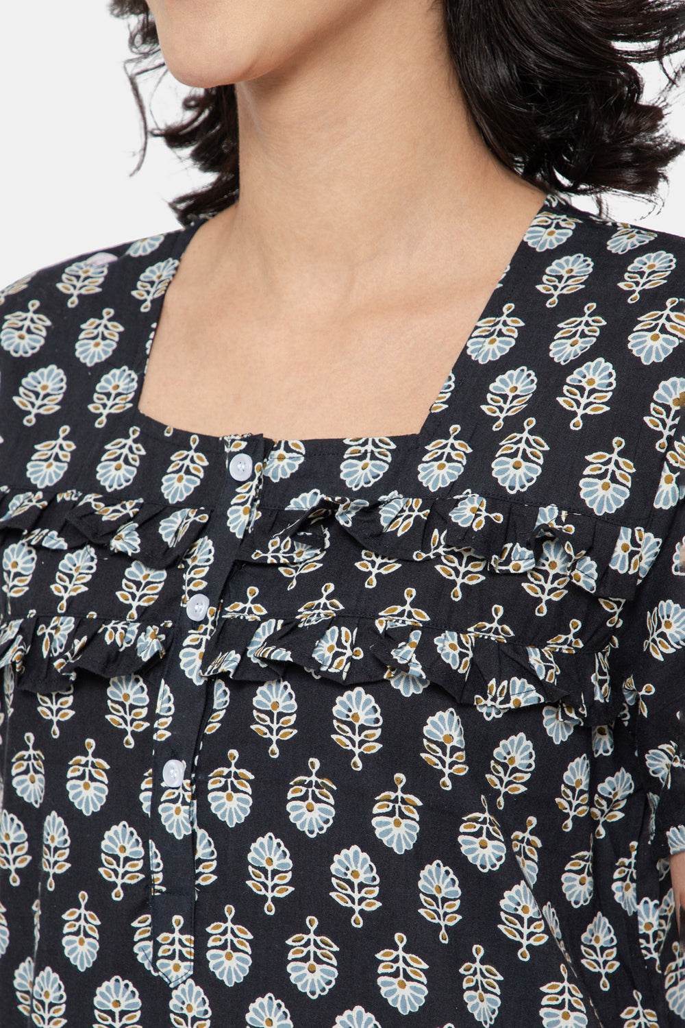 Naidu Hall Women's Printed A-Line Nighty with Square Neck and Ruffle Detailing - Black - N103 - Naidu Hall Family Store