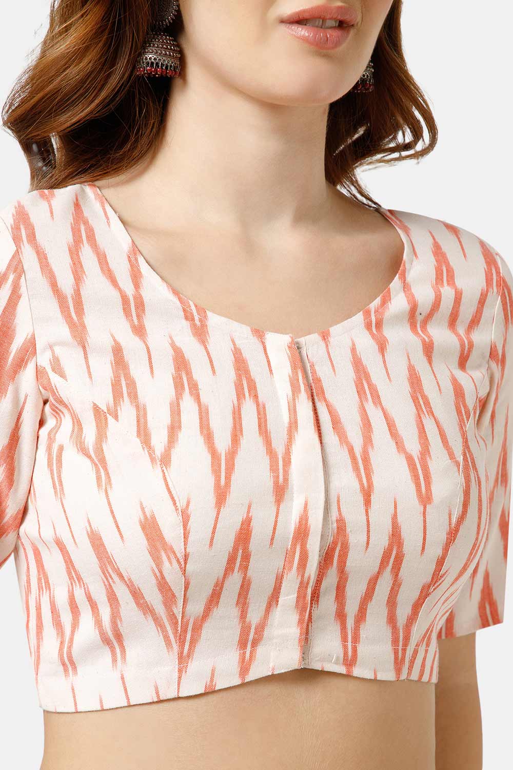 Naidu Hall Women’s Cotton Blouse | Woven U-Neck Ethnic Blouse with Elbow Sleeves & Front Closure - White Red-3 - BU17