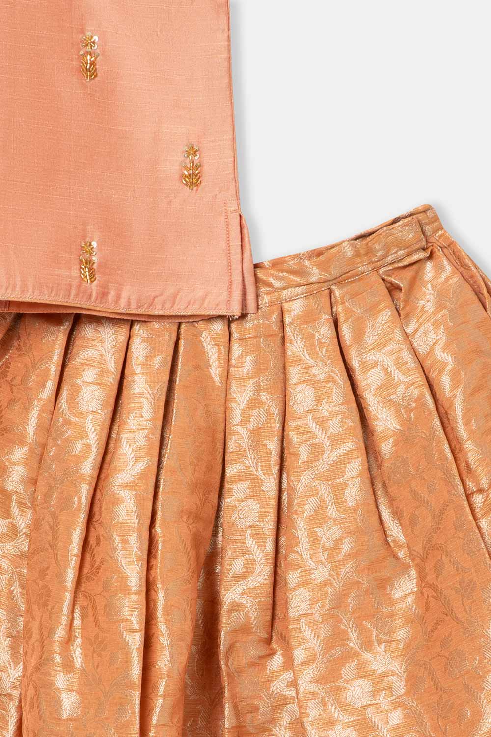 Chittythalli Girls Pavadai Set – Cotton Blend Box Pleated Skirt with Embroidered Butta Blouse - Peach - PS47