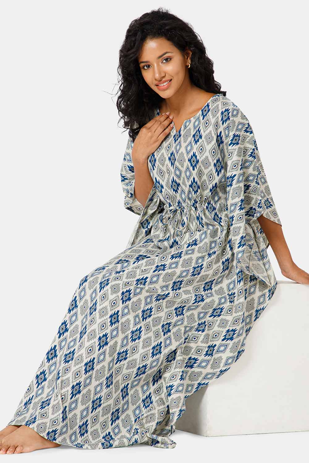 Naidu Hall Round Neck Kaftan Style Printed Nighty-Off white - NT27