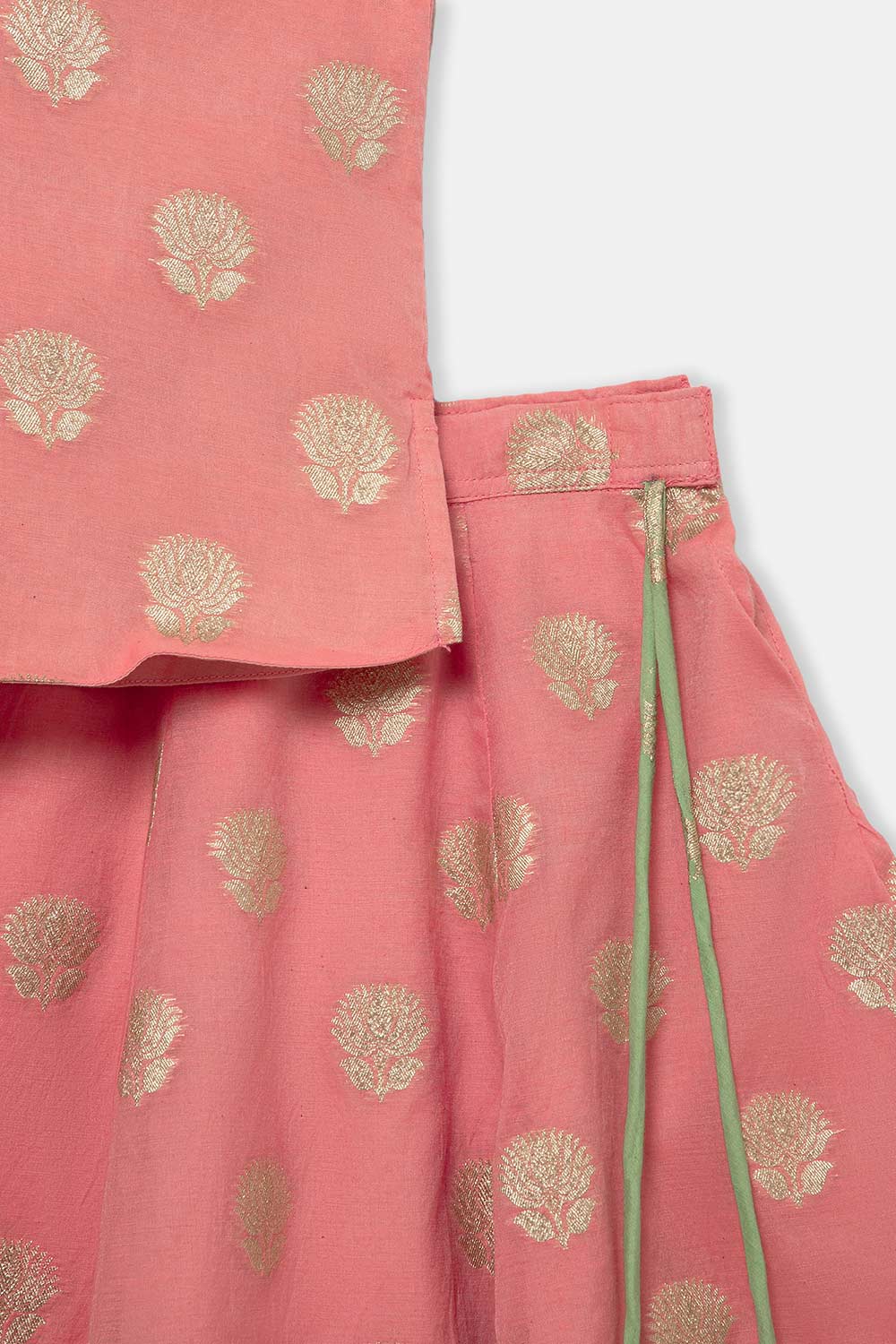 Chittythalli Girls Traditional Pavadai Set with Mandarin Collar Top and Double Layered Flared Skirt - Peach - PS70