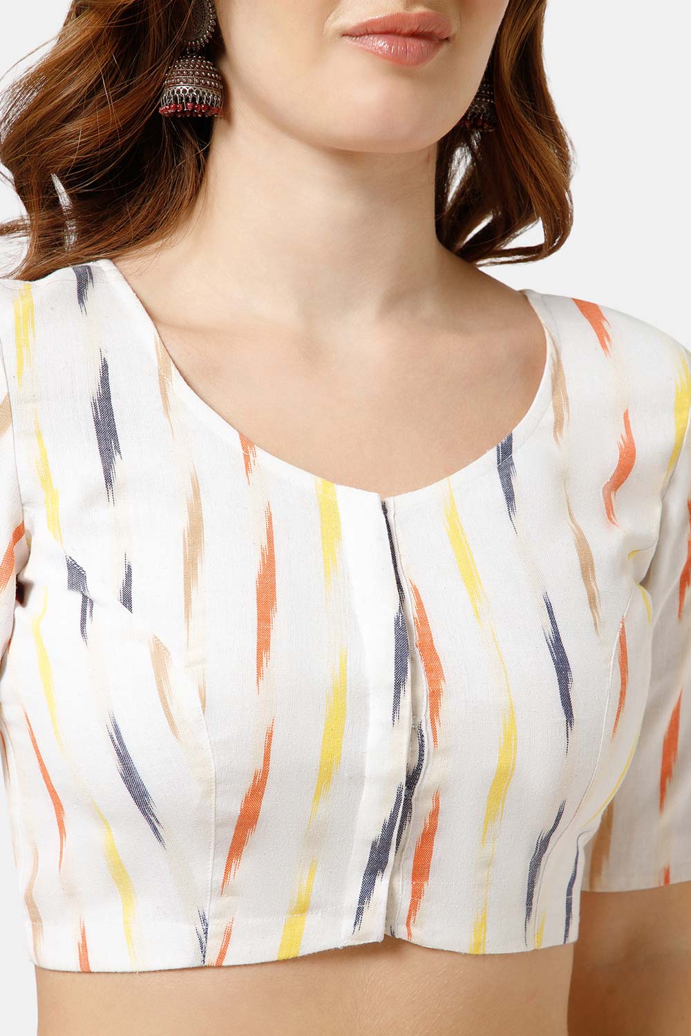 Naidu Hall Women’s Cotton Blouse | Woven U-Neck Ethnic Blouse with Elbow Sleeves & Front Closure - White - BU17