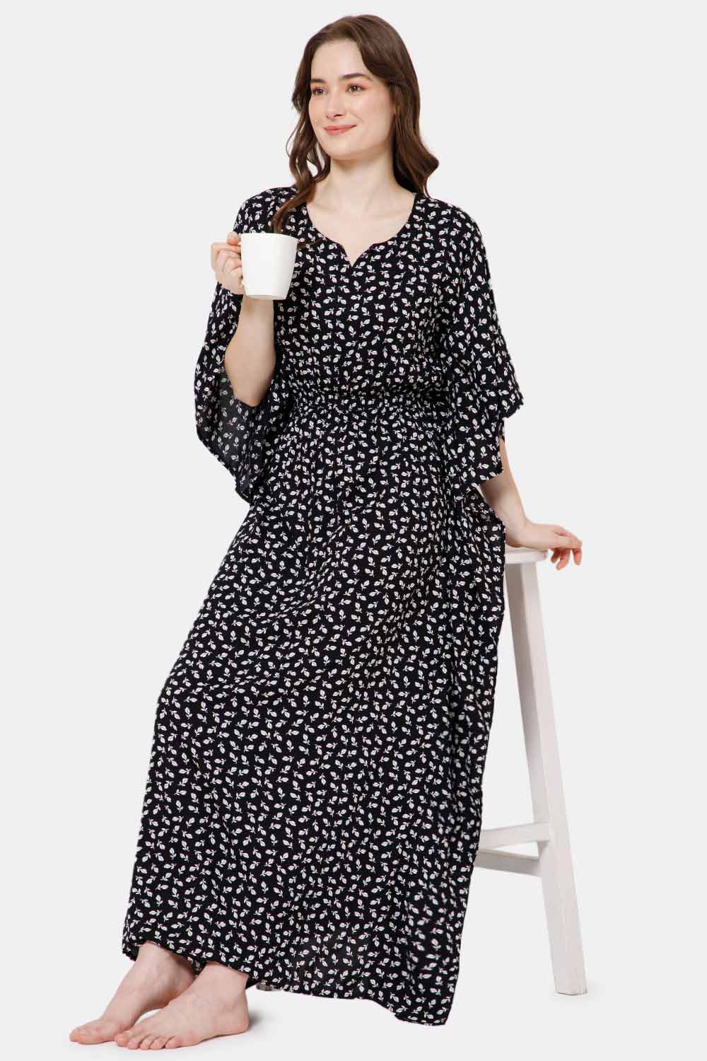 Naidu Hall Modern Printed Kaftan Style Nighty with Round Neck - Black print-2 - NT27