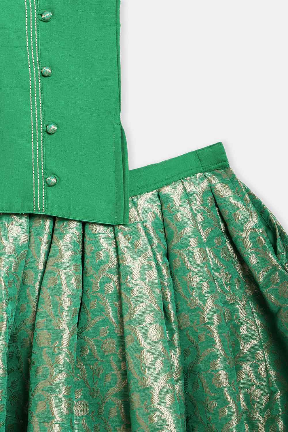 Chittythalli Girls’ Asymmetric Neck Pavadai Set – Brocade Skirt & Cotton Top - Pista Green - PS50