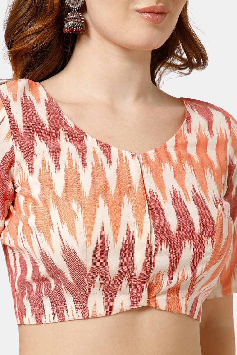 Naidu Hall Women's Cotton Blouse | Woven U-Neck Ethnic Blouse with Elbow Sleeves & Front Closure - White Red-3 - BU17
