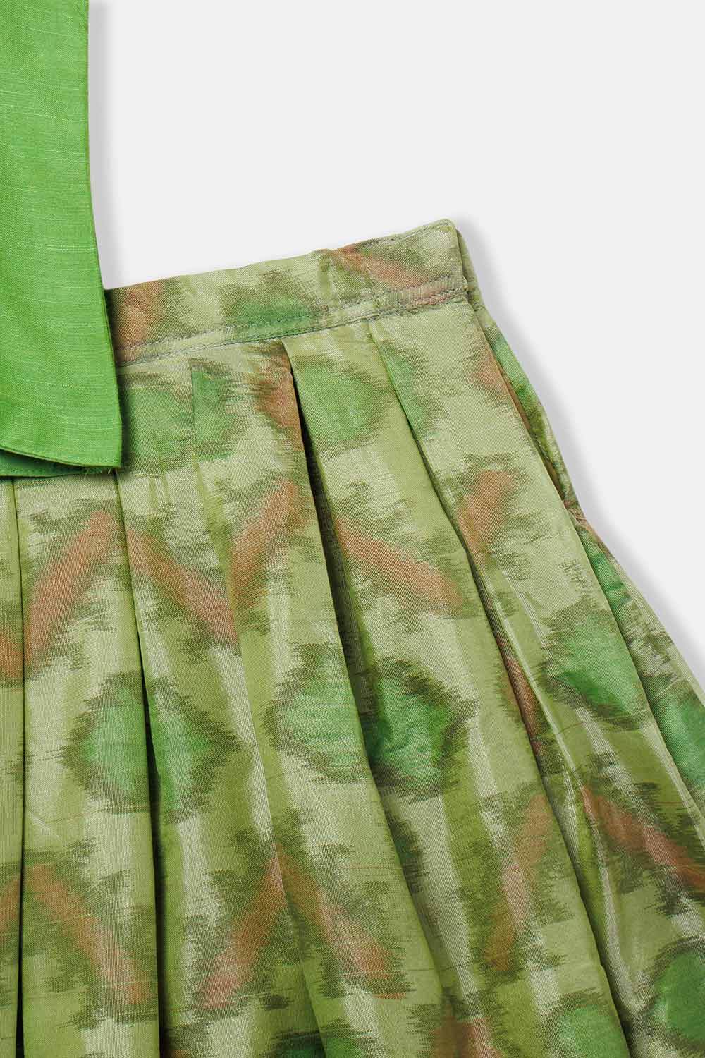 Chittythalli Girls’ Pavadai Set – V-Neck Embroidered Top with Puff Sleeves & Box-Pleated Brocade Skirt - Green - PS38 - Naidu Hall Family Store